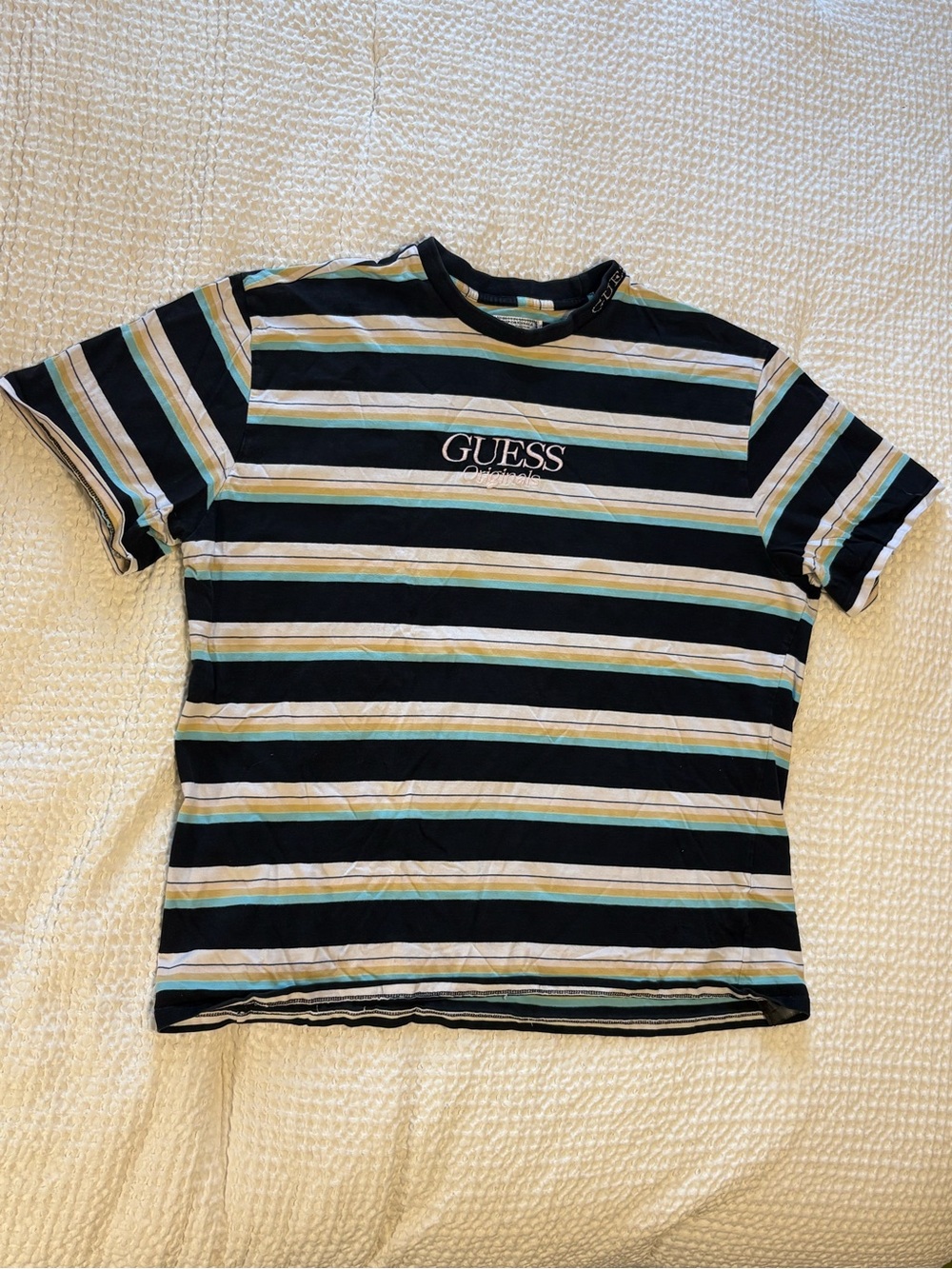 GUESS Black Striped Logo Tee with Pastel Accents